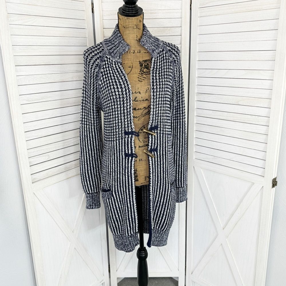 Gap Ribbed Toggle Front‎ Long Cardigan Sweater Blue White XS Fisherman Nautical